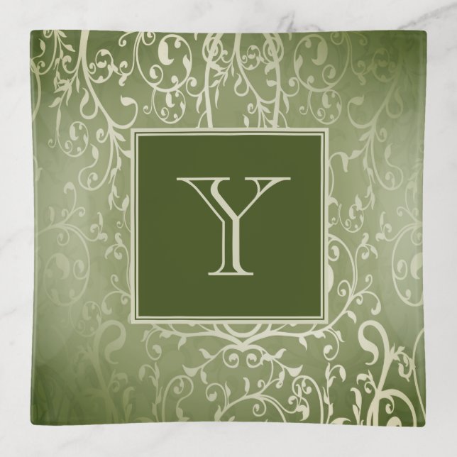Green Elegant Flourish Monogram Trinket Tray (Front)
