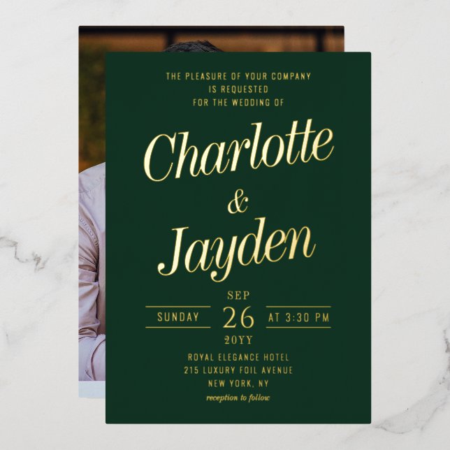 Green Elegant Foil Script Photo Wedding Foil Invitation (Front/Back)
