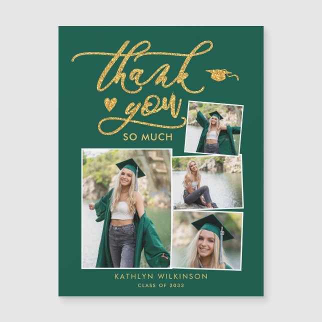 Green Elegant Gold 4 Photo Graduation Thank You (Front)