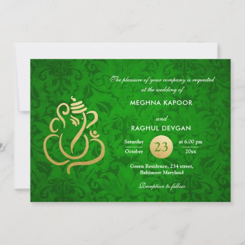 Green Elegant Gold Foil Ganesha Indian Damask  Invitation