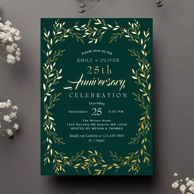 Green Elegant Gold Leaf Anniversary Foil Invitation (Creator Uploaded)