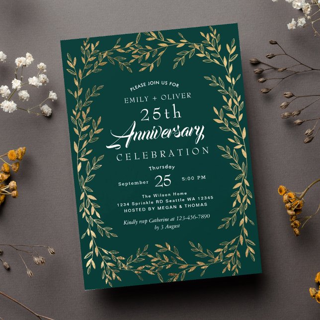 Green Elegant Gold Leaf Anniversary Invitation (Creator Uploaded)