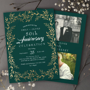 Green Elegant Gold Leaf Anniversary Photo Invitation