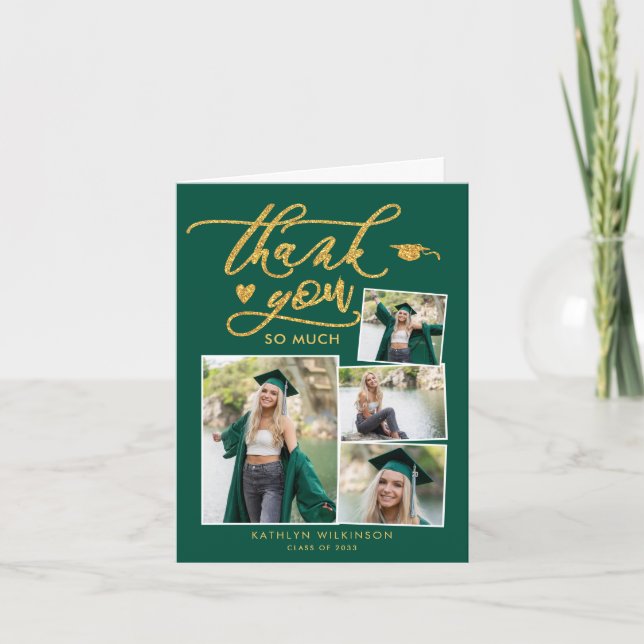 Green Elegant Gold Script 4 Photo Graduation Thank You Card (Front)