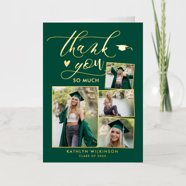 Green Elegant Gold Script Graduation Thank You Foil Greeting Card | Zazzle