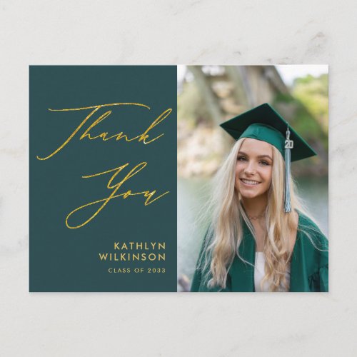 Green Elegant Gold Script Graduation Thank You Postcard