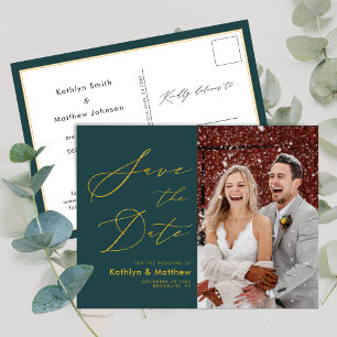 Green Elegant Gold Script Modern Save The Date Announcement Postcard