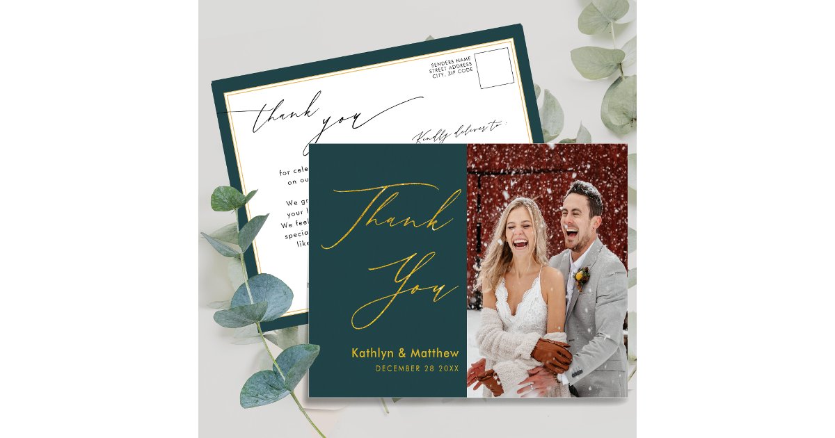 Green Elegant Gold Script Modern Wedding Thank You Postcard | Zazzle