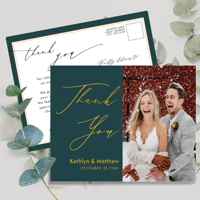 Green Elegant Gold Script Modern Wedding Thank You Postcard | Zazzle