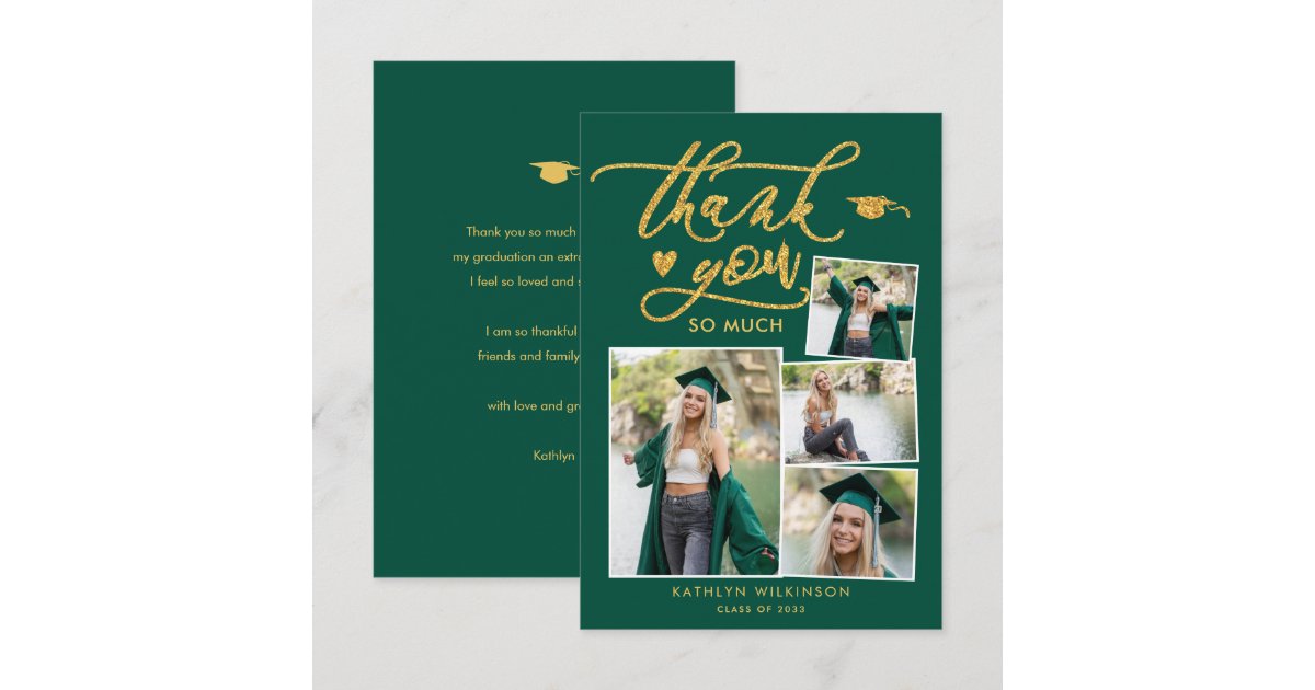 Green Elegant Gold Script Photo Collage Graduation Thank You Card | Zazzle