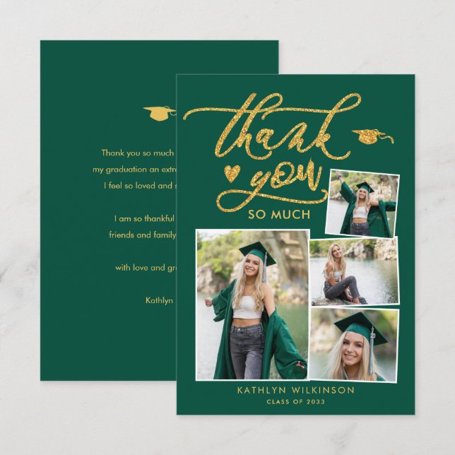 Green Elegant Gold Script Photo Collage Graduation Thank You Card (Front/Back)