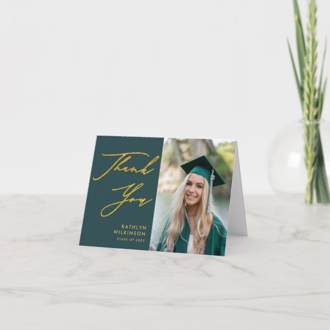 Green Elegant Gold Script Simple Photo Graduation Thank You Card (Front)