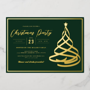 Green Elegant Gold Tree Christmas Party Foil Invitation