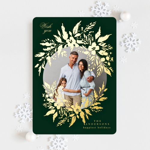 green elegant gold wreath photo merry christmas foil holiday card