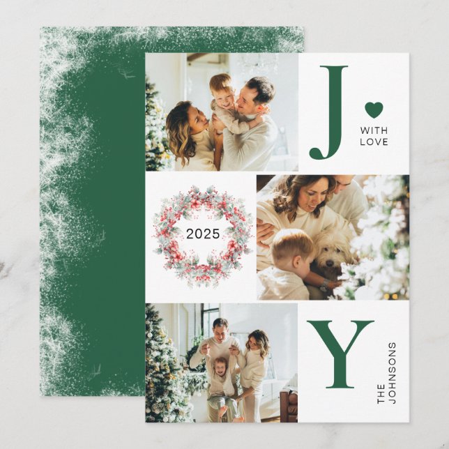 Green Elegant Holly Berries 3 Photo Joy Christmas Holiday Card (Front/Back)
