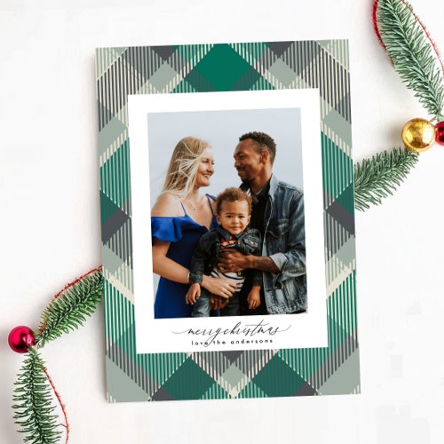 Green Elegant Merry Christmas Custom Plaid Photo Holiday Card