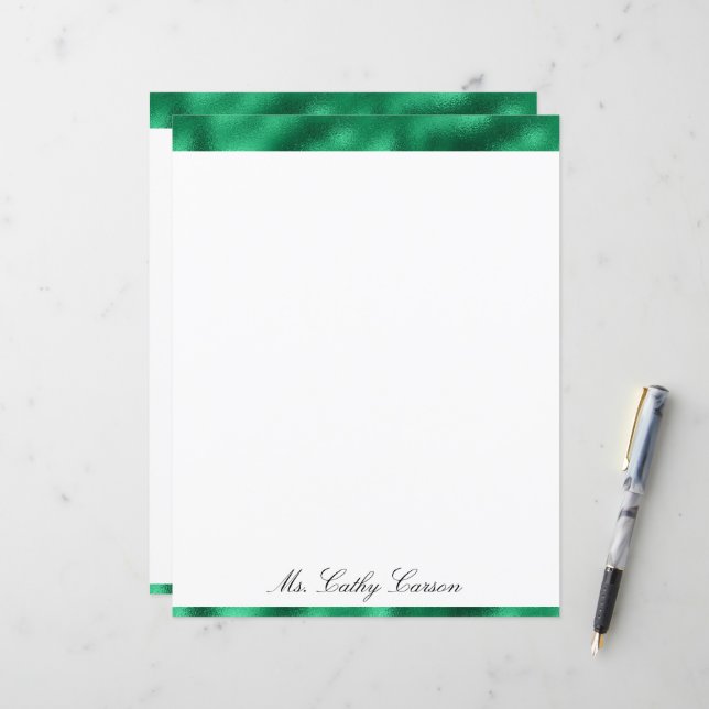 Green Elegant Metallic Satin Name Shiny Stationary (Front/Back In Situ)