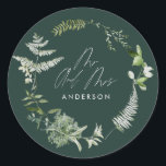 Green elegant modern botanical script wedding classic round sticker<br><div class="desc">Rustic modern natural monochrome and green floral and botanical wedding decor Mr and Mrs paper bowls. With beautiful script text and sage green,  gray and white foliage watercolor details. This modern wedding collection is sure to set the style for your big day.</div>