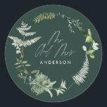 Green elegant modern botanical script wedding classic round sticker<br><div class="desc">Rustic modern natural monochrome and green floral and botanical wedding decor Mr and Mrs paper bowls. With beautiful script text and sage green,  gray and white foliage watercolor details. This modern wedding collection is sure to set the style for your big day.</div>