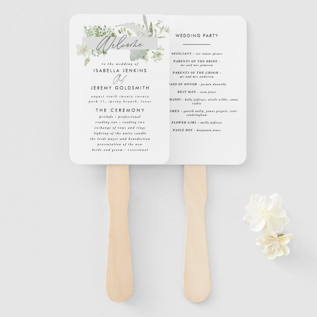 Green elegant modern botanical script wedding hand hand fan (Front and Back)