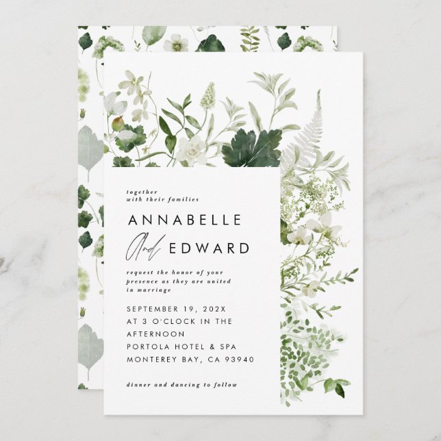 Green elegant modern botanical script wedding invi invitation (Front/Back)