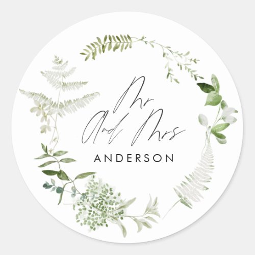 Green elegant modern botanical script wedding pape classic round sticker