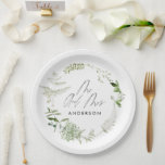 Green elegant modern botanical script wedding paper plates<br><div class="desc">Rustic modern natural monochrome green floral and botanical wedding decor Mr and Mrs paper plates. With beautiful script text and sage green,  gray and white foliage watercolor details. This modern wedding collection is sure to set the style for your big day.</div>