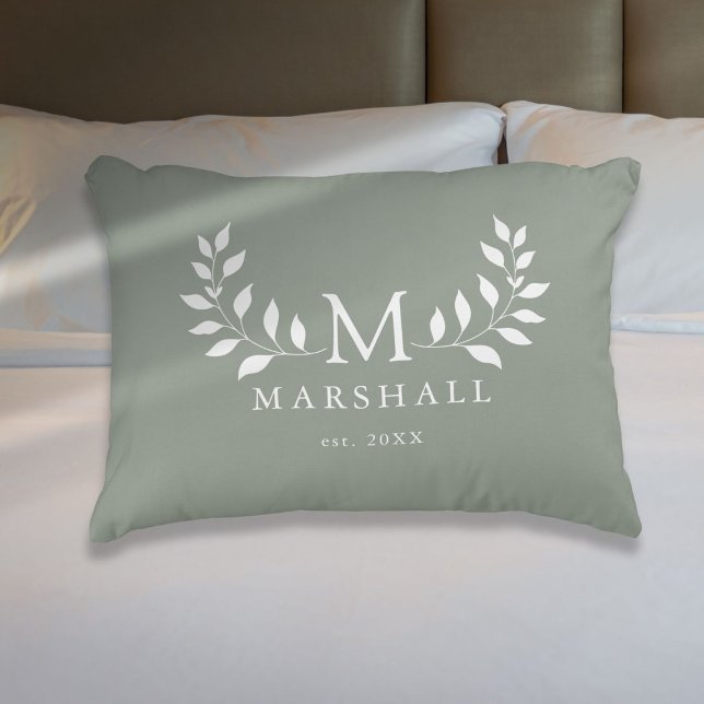 Green Elegant Modern Floral Monogram Family Name Accent Pillow (Green Elegant Modern Floral Monogram Family Name Accent Pillow)