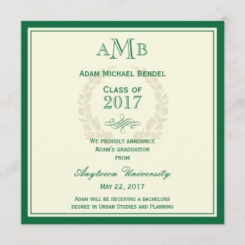 Green Elegant Monogram Graduation Announcement by adams_apple at Zazzle