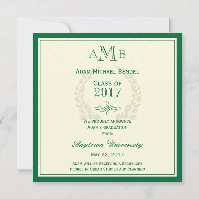 Green Elegant Monogram Graduation Announcement (Front)
