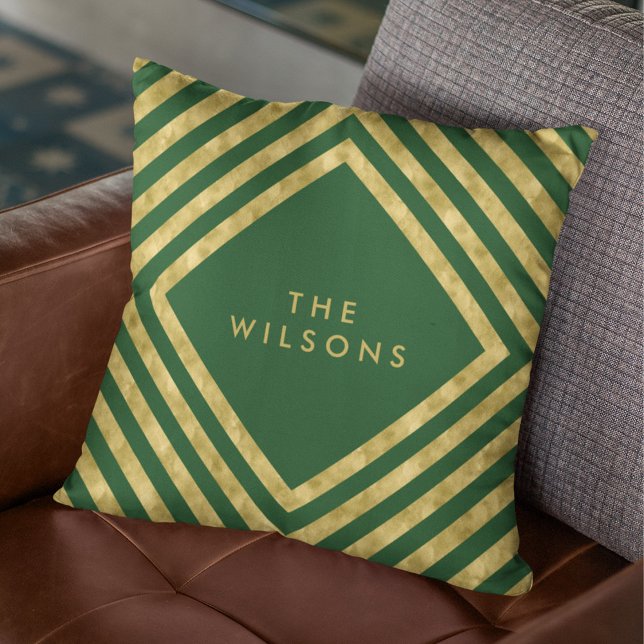 Green Elegant Name Geometric Square Lines Pattern Throw Pillow (Creator Uploaded)