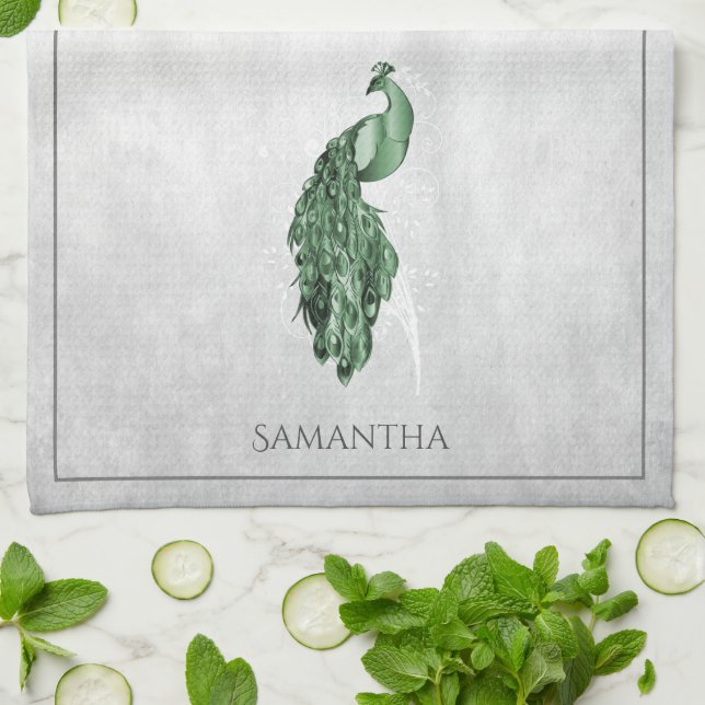 Green Elegant Peacock Kitchen Towel (Folded)
