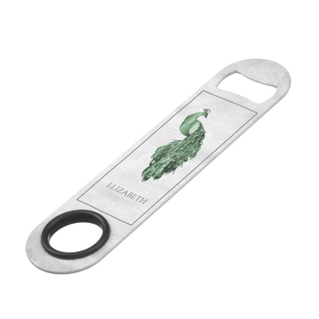Green Elegant Peacock Personalized Bar Key (Front Angled)