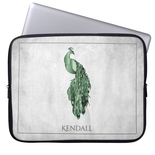 Green Elegant Peacock Personalized Laptop Sleeve (Front)