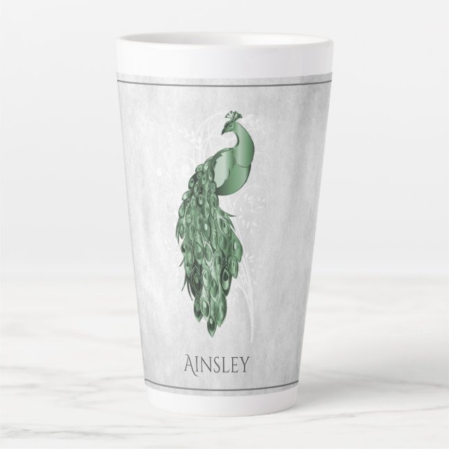 Green Elegant Peacock Personalized Latte Mug (Front)