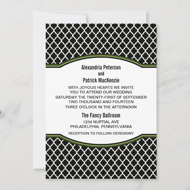 Green Elegant Quatrefoil Wedding Invite (Front)