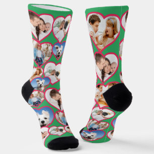 Green Elegant Red Heart Pattern   5 Photo Collage Socks