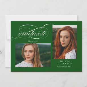 Green Elegant Script 3 Photo Graduation Party Invitation