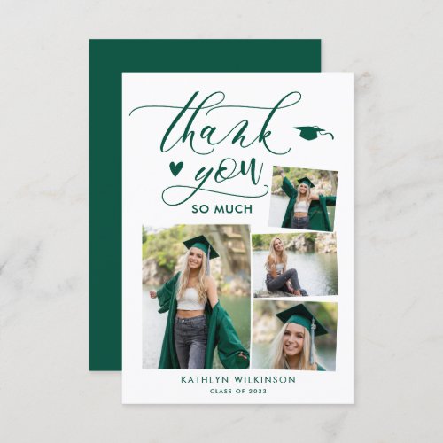 Green Elegant Script 4 Photo Collage Graduation Thank You Card