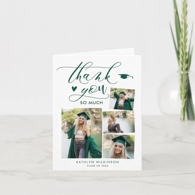 Green Elegant Script 4 Photo Collage Graduation Thank You Card | Zazzle