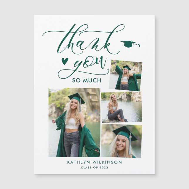 Green Elegant Script 4 Photo Graduation Thank You (Front)