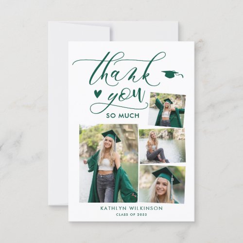 Green Elegant Script 4 Photo Graduation Thank You Invitation