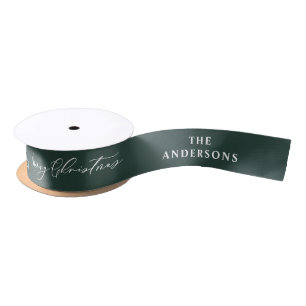 green elegant script Christmas personalized rustic Satin Ribbon