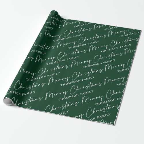  Green Elegant Script Merry Christmas Family Name  Wrapping Paper