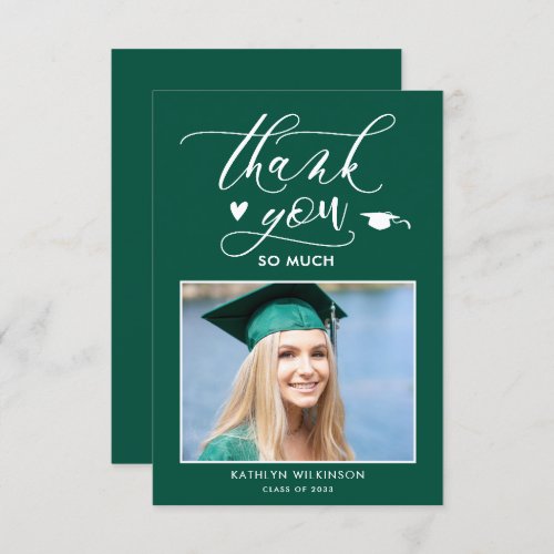 Green Elegant Script Minimalist Photo Graduation Thank You Card
