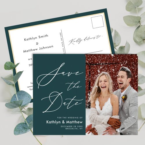 Green Elegant Script Modern Photo Save The Date Announcement Postcard