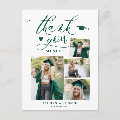 Green Elegant Script Photo Graduation Thank You Postcard