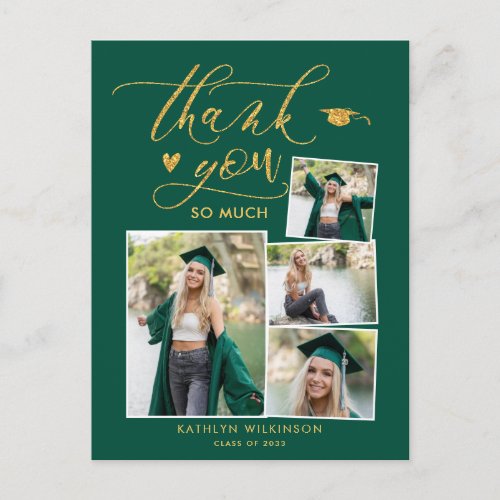 Green Elegant Script Photo Graduation Thank You Postcard