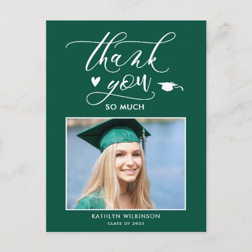 Green Elegant Script Photo Graduation Thank You Postcard