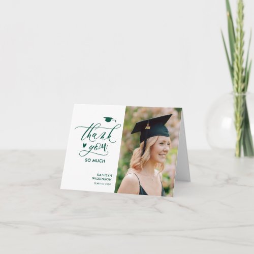 Green Elegant Script Photo Minimalist Graduation Thank You Card